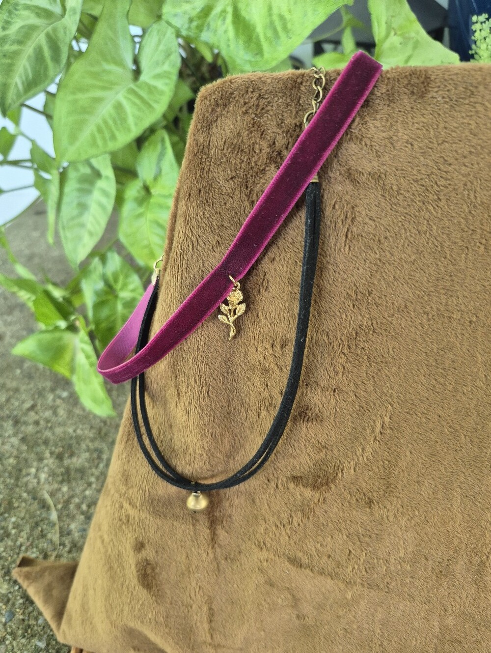 Velvet Burgundy and Black Layered Choker Necklace - Set Of 2